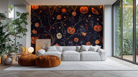 Self adhesive Halloween pumpkins owls wall mural in a modern lounge area, showcasing a bold and vibrant spooky pattern.