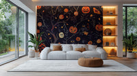 Removable Halloween pumpkins owls wall mural in a bright living room with a white sectional sofa for a damage-free update.