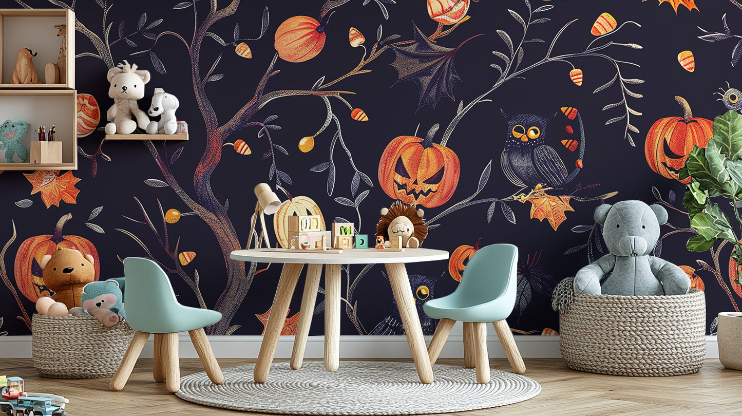 Kids playroom featuring a standard Halloween pumpkins owls wall mural with white furniture and light blue chairs.