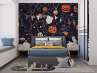 Premium Halloween pumpkins owls wall mural in a bedroom with a blue bed frame, creating a magical October atmosphere.