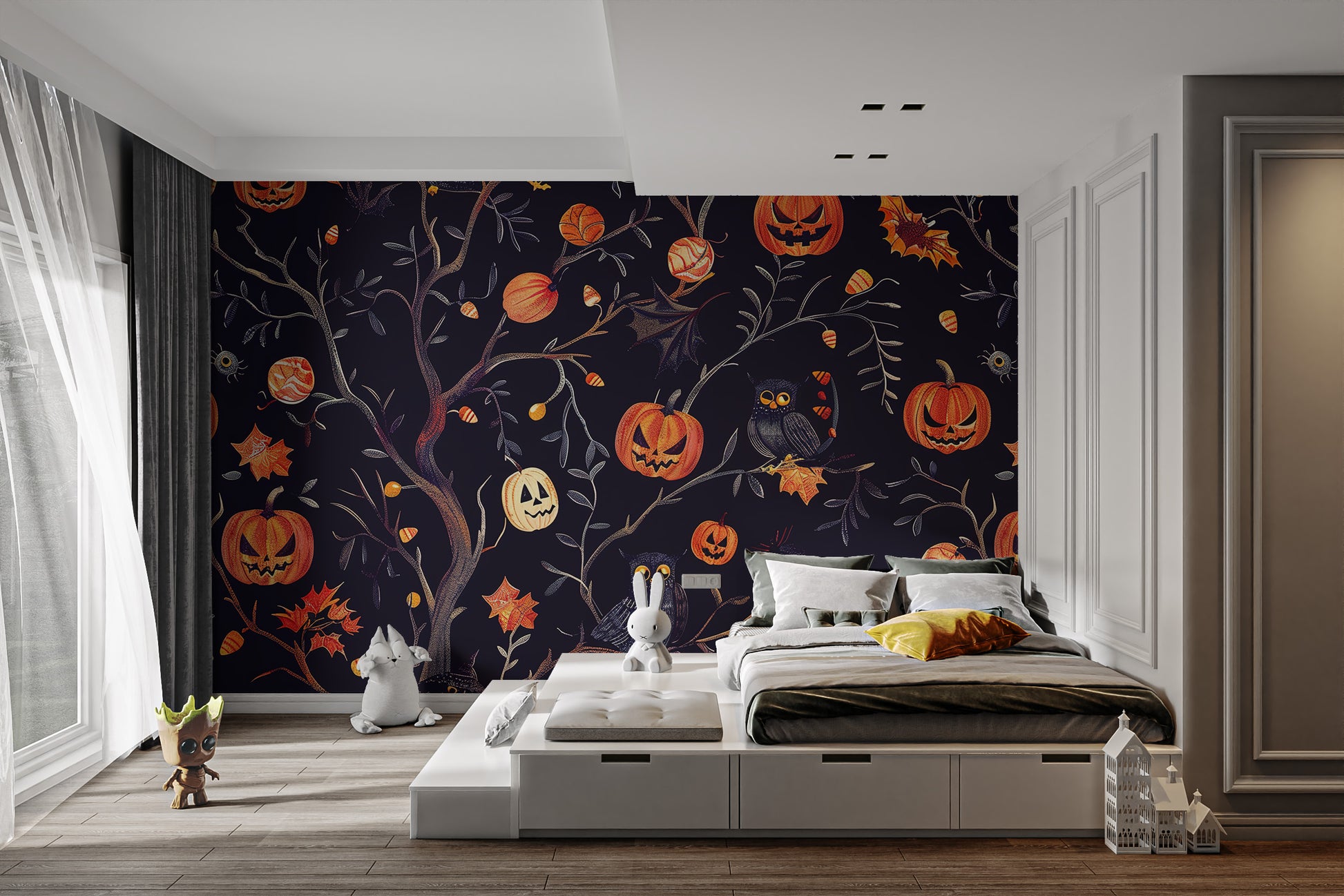 Modern bedroom with a Halloween pumpkins owls wall mural on canvas material, adding a whimsical touch to the sleep space.