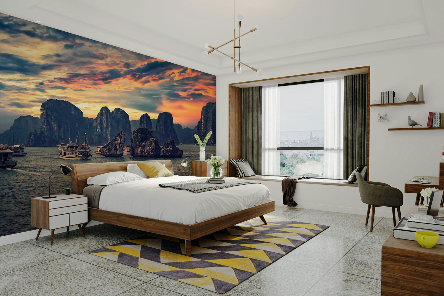 A graceful sunset reflection wall mural in warm, natural tones.

