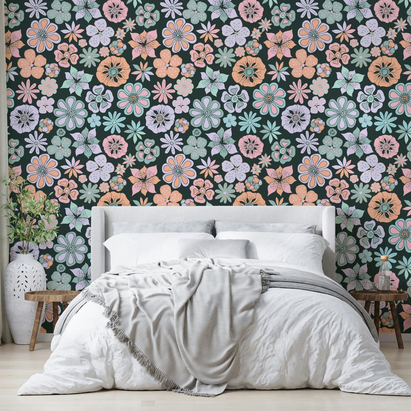 Wallpaper with a pattern of various colorful flowers.

