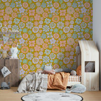Wallpaper with a pattern of various colorful flowers.

