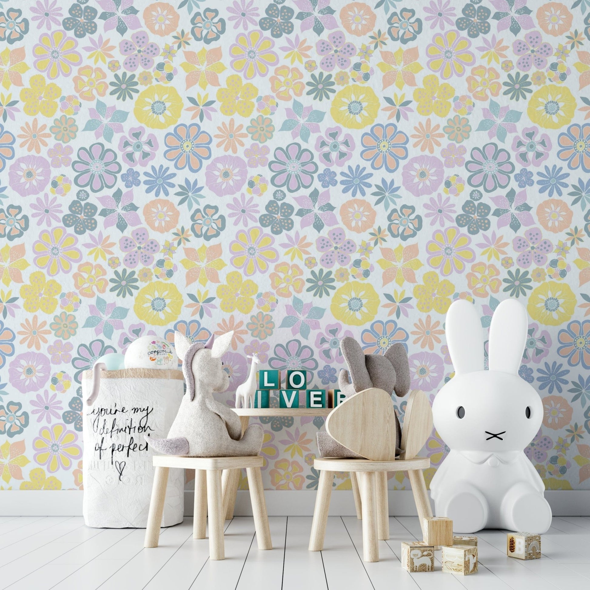 Hand Drawn Garden Flowers mural for a living room.

