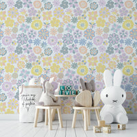Hand Drawn Garden Flowers mural for a living room.

