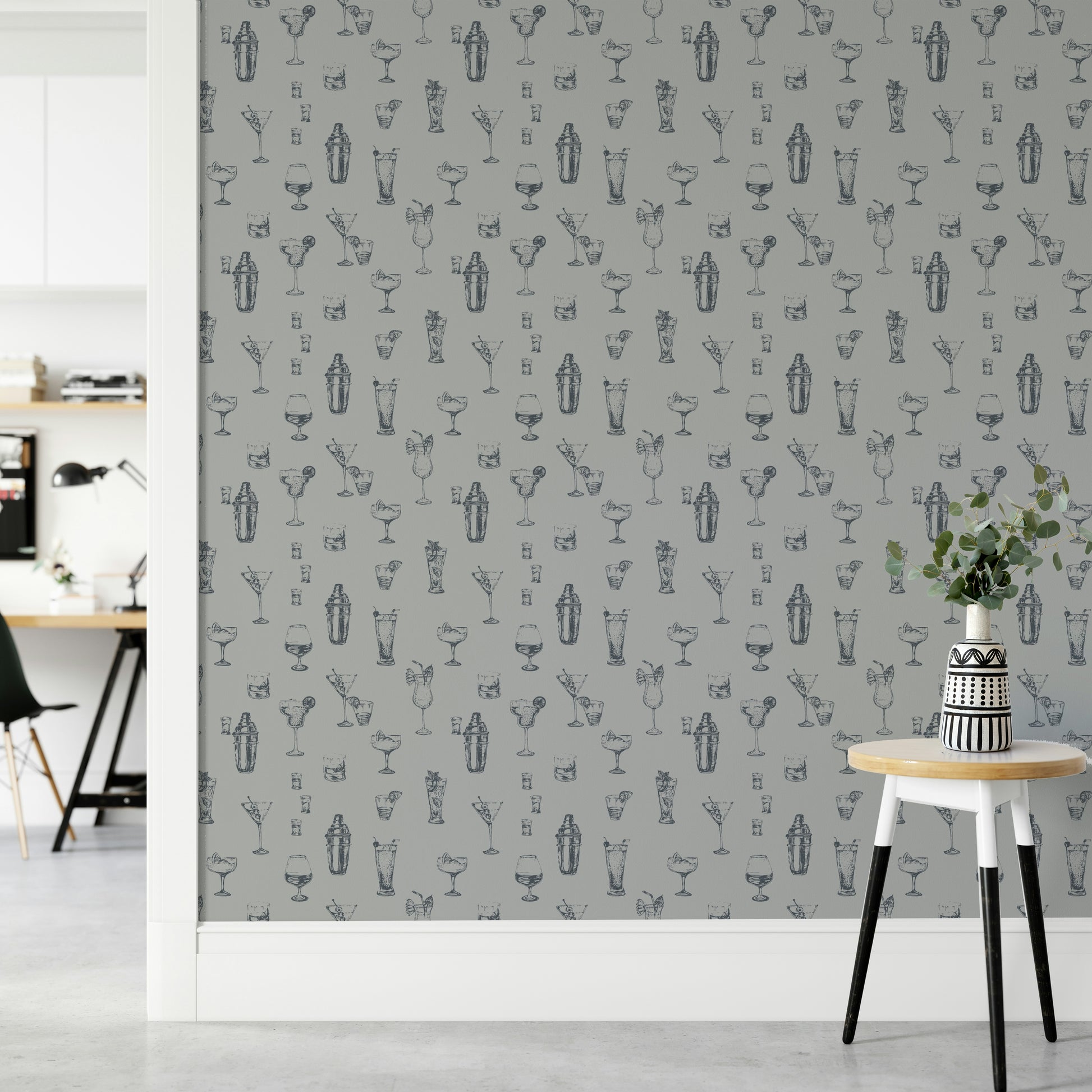 Creative wallpaper with sketches of spirits and drinks

