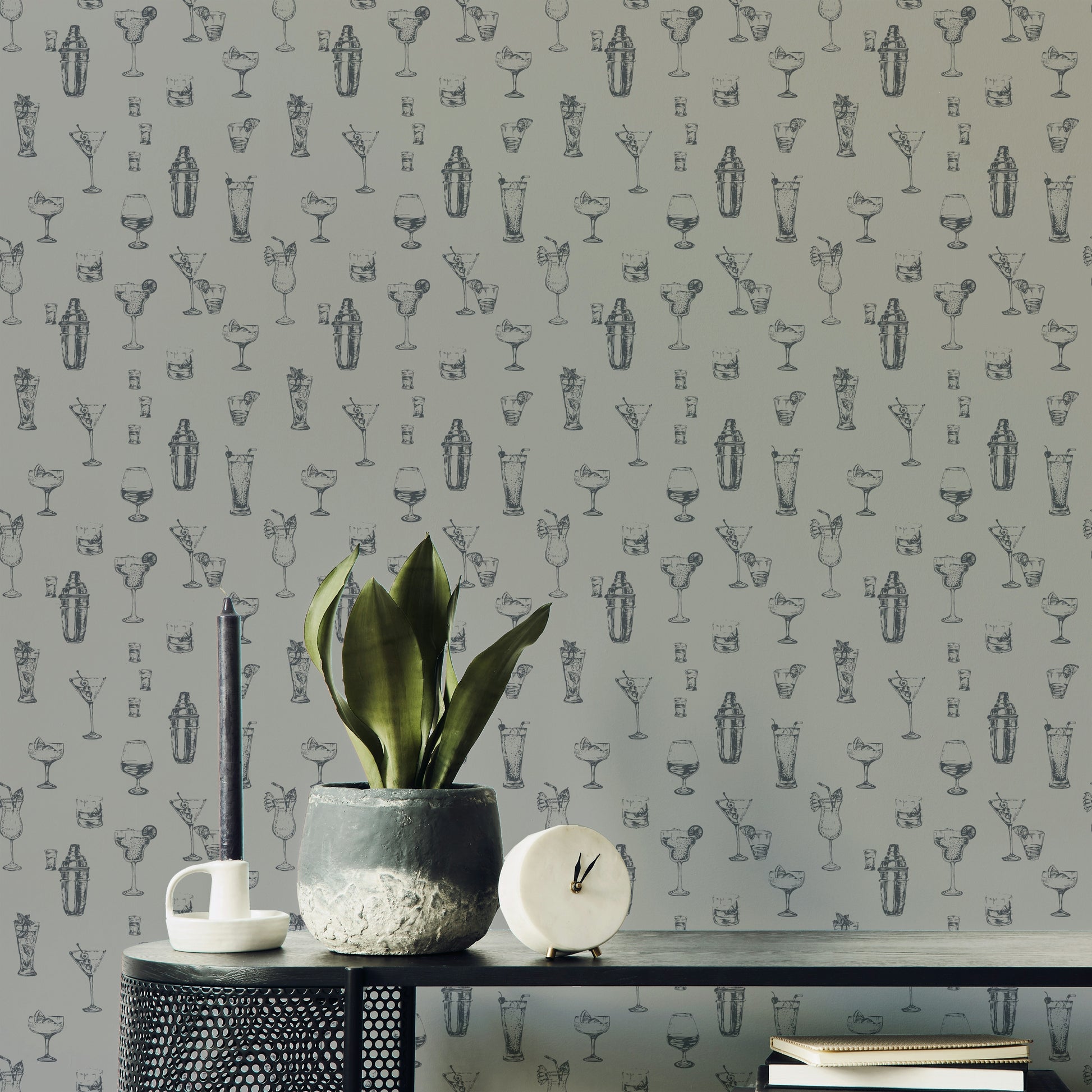 Artistic bar wallpaper featuring hand-drawn spirits

