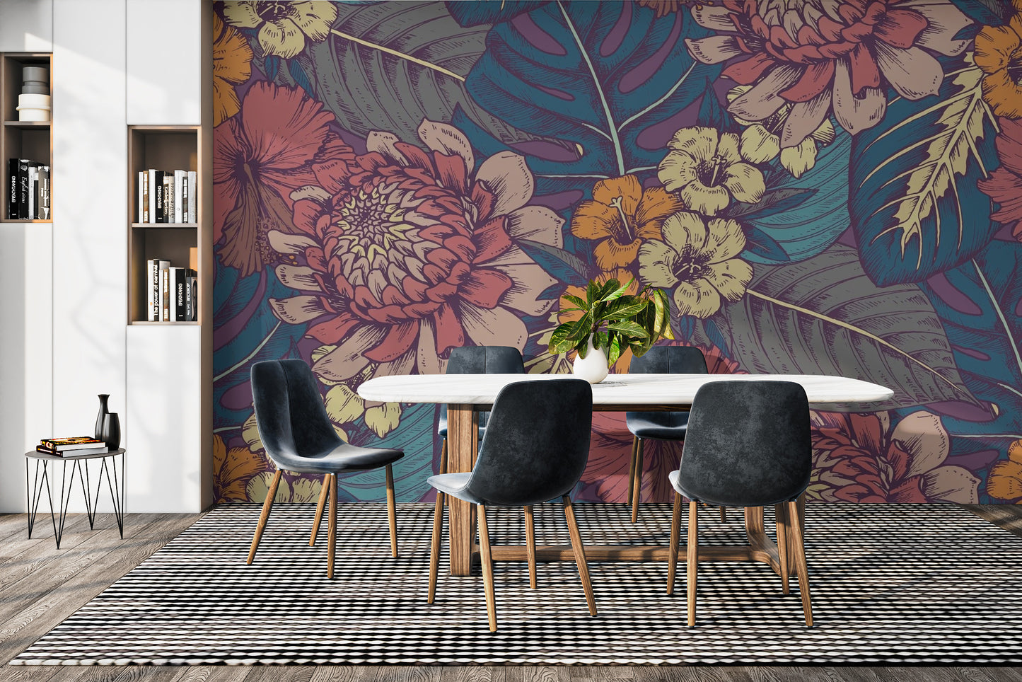 Lush tropical flower wallpaper featuring intricate hand-drawn art.