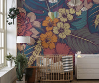 Elegant hand-drawn tropical flowers wallpaper for chic interiors.
