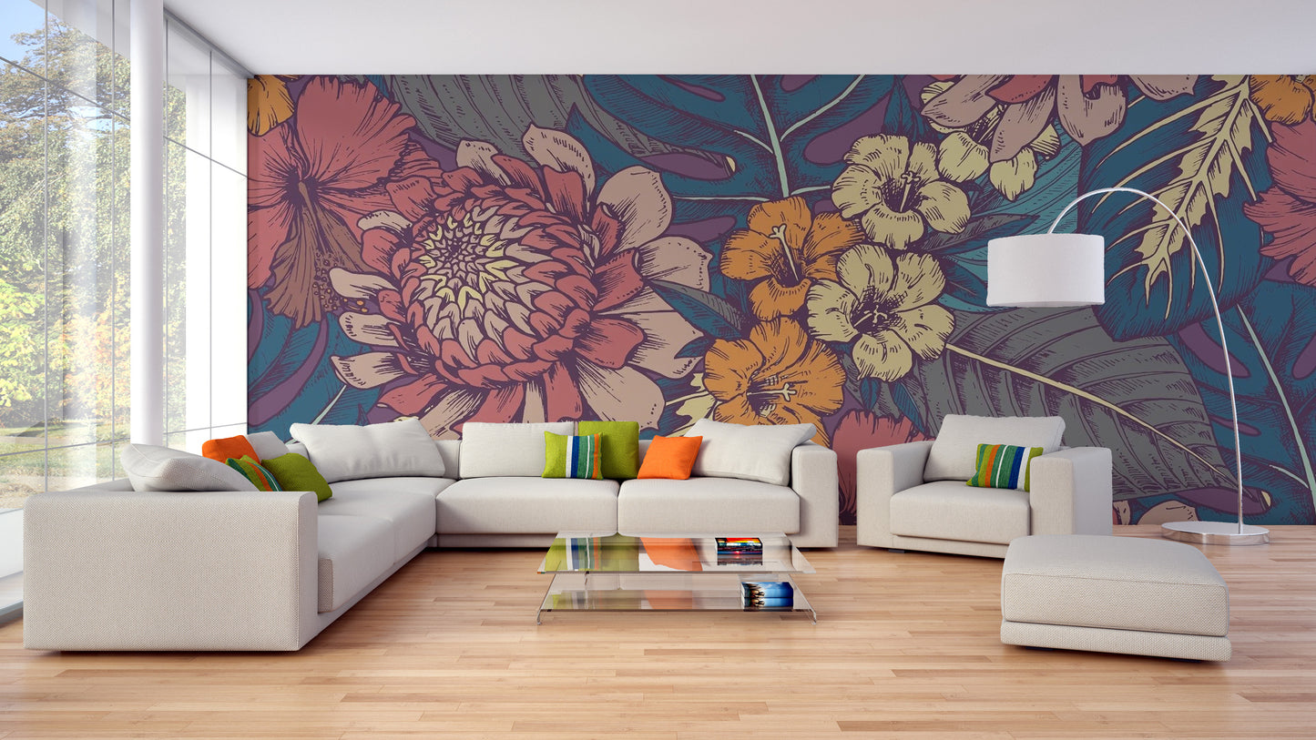 Unique tropical flower mural featuring hand-drawn floral designs.
