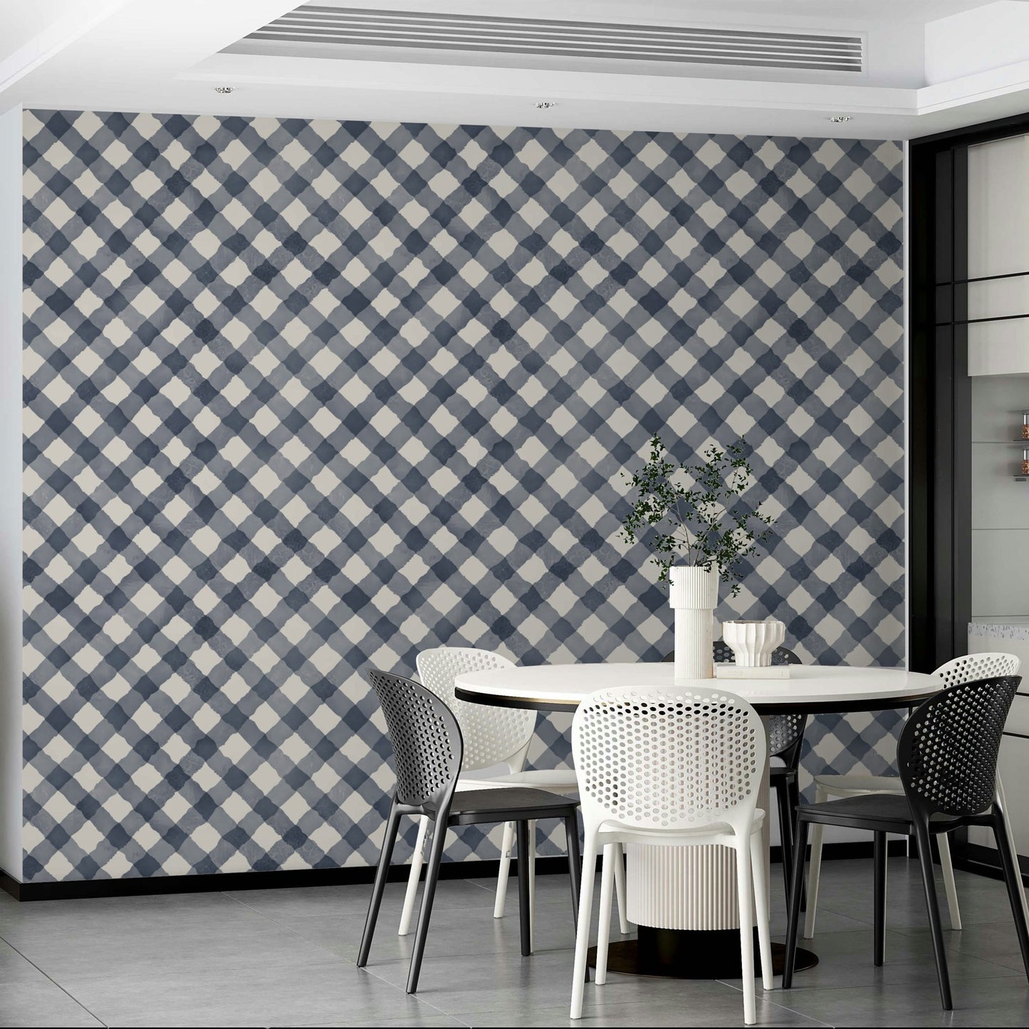 Refreshing blue gingham wallpaper creating a joyful, festive vibe

