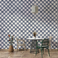 Traditional blue gingham pattern in hand-painted wallpaper design

