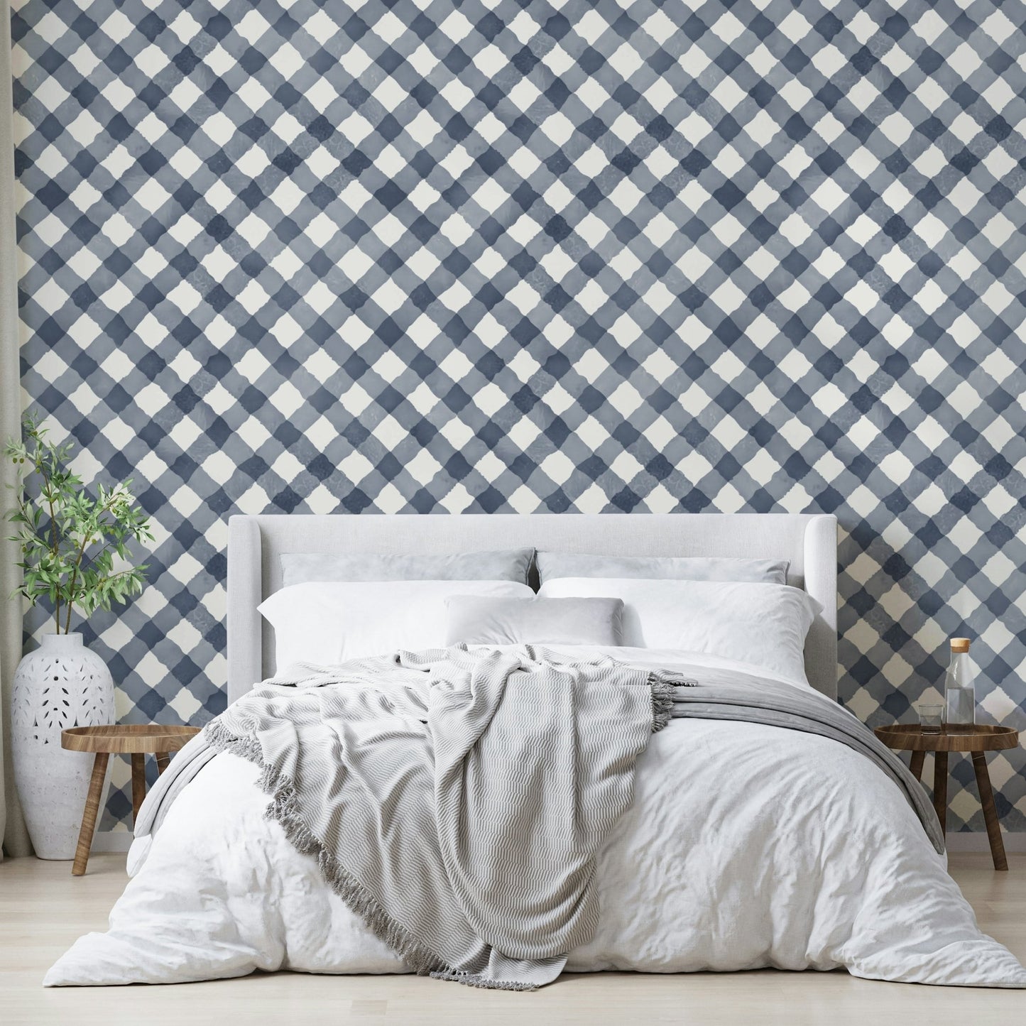 Blue gingham wallpaper for a cozy, holiday-inspired space

