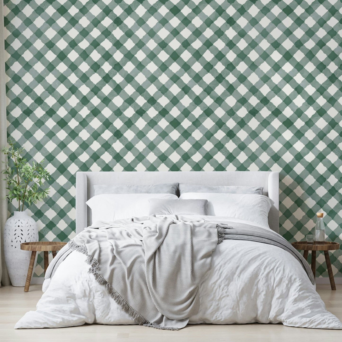 Rich dark green gingham wallpaper adding charm to living areas

