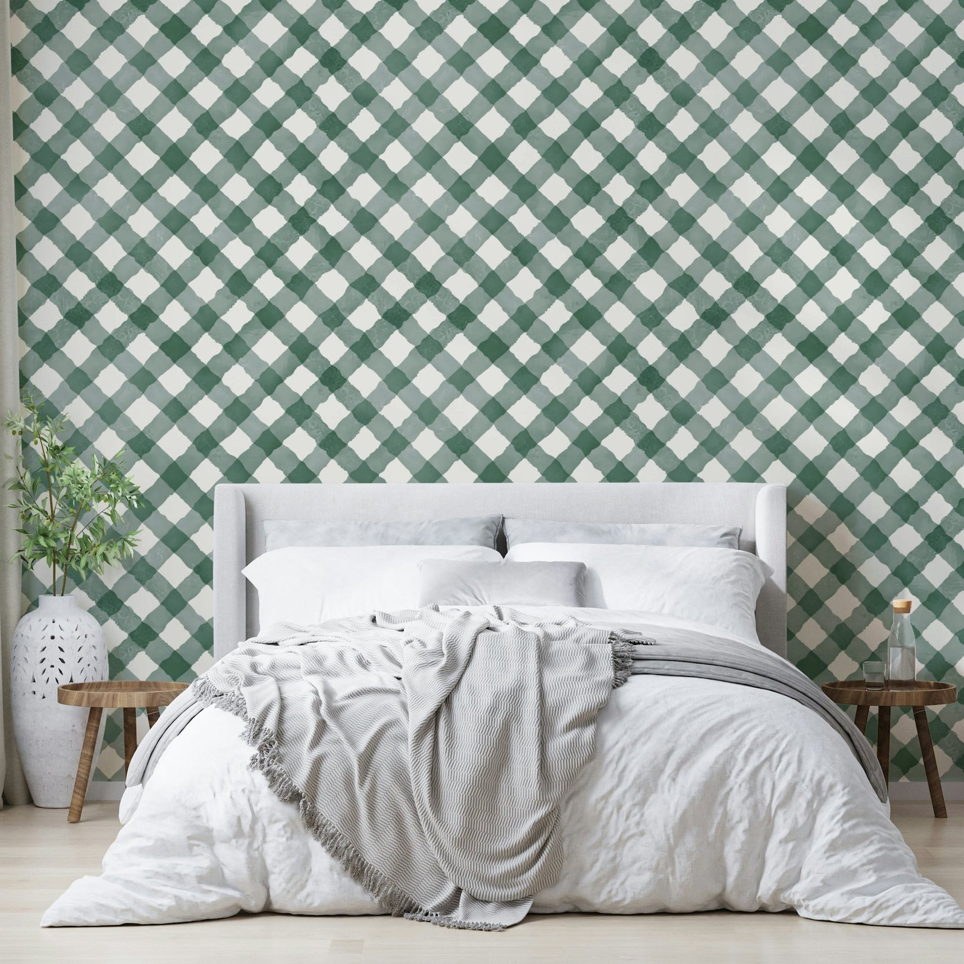 Rich dark green gingham wallpaper adding charm to living areas

