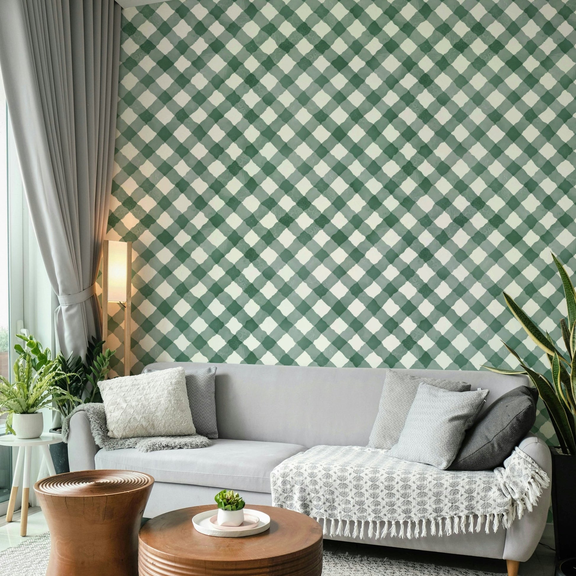 Unique hand-painted gingham wallpaper in deep green for cozy rooms

