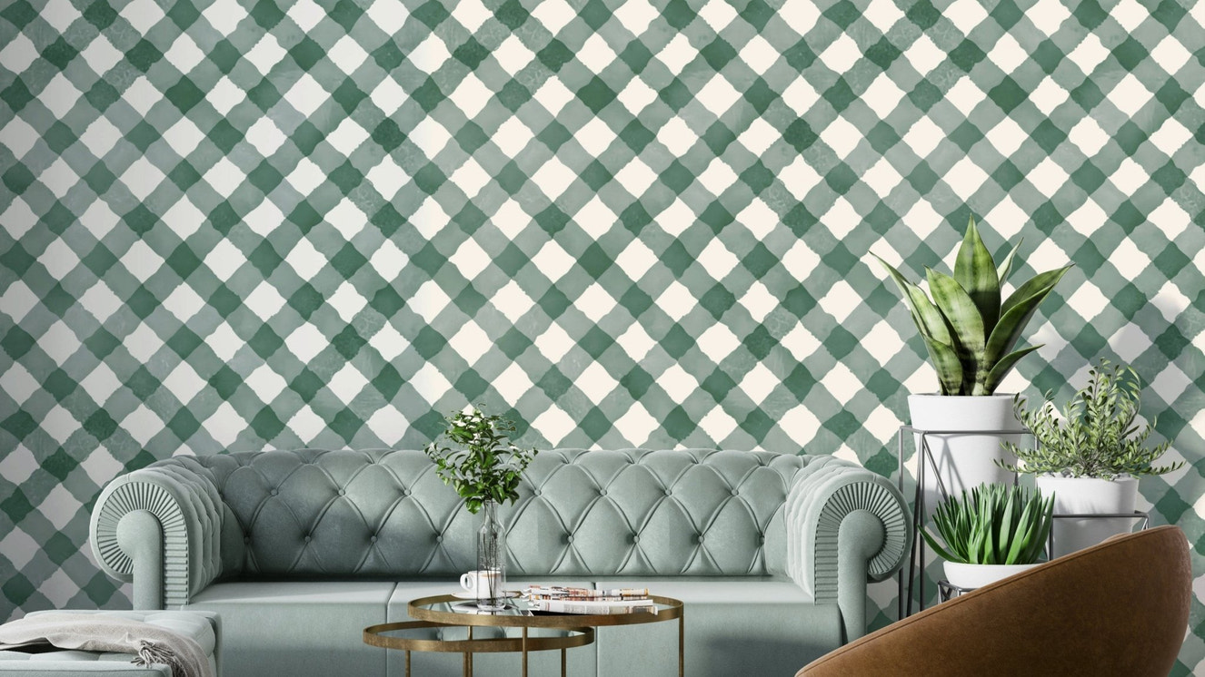 Hand-painted dark green gingham pattern wallpaper for a festive look

