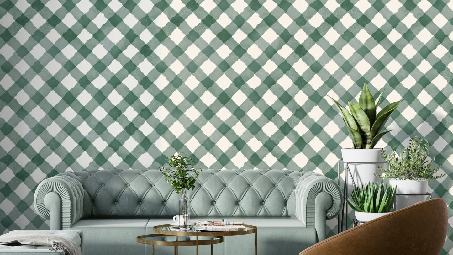 Hand-painted dark green gingham pattern wallpaper for a festive look

