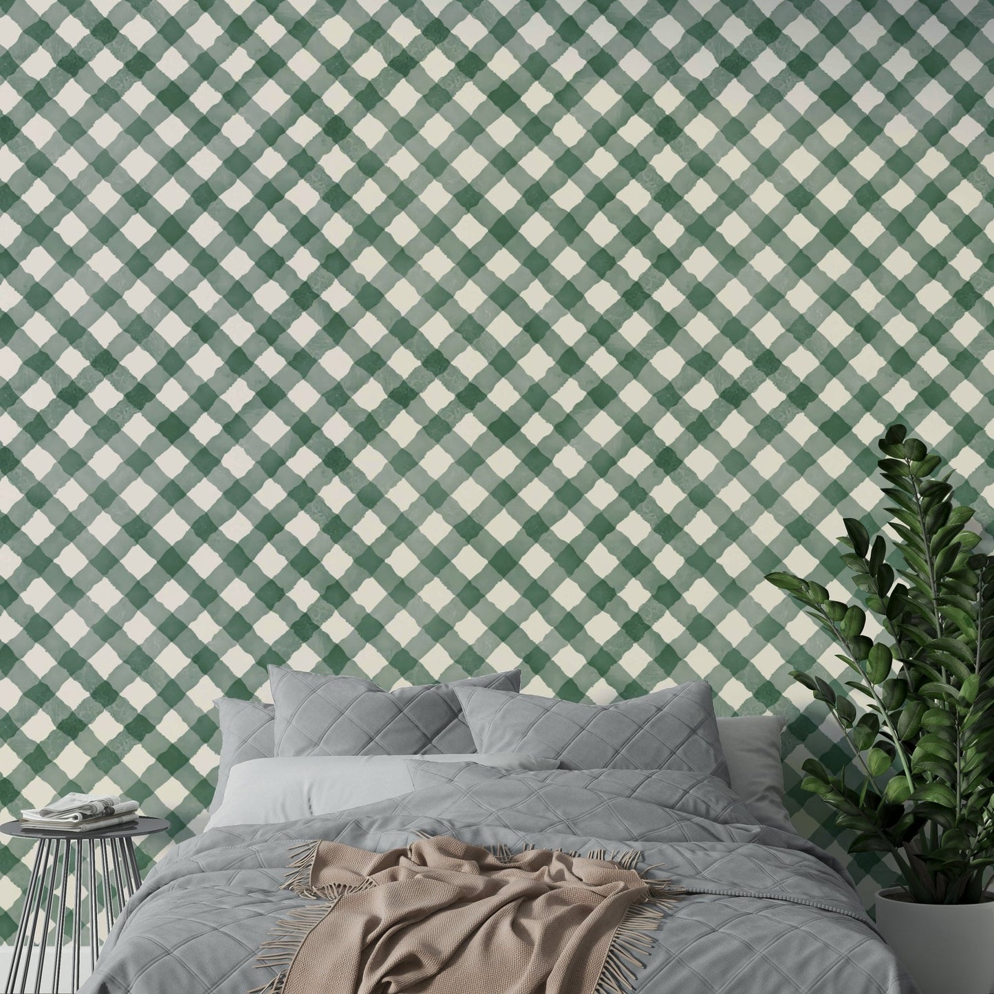 Classic gingham design with dark green tones in hand-painted wallpaper

