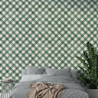 Classic gingham design with dark green tones in hand-painted wallpaper

