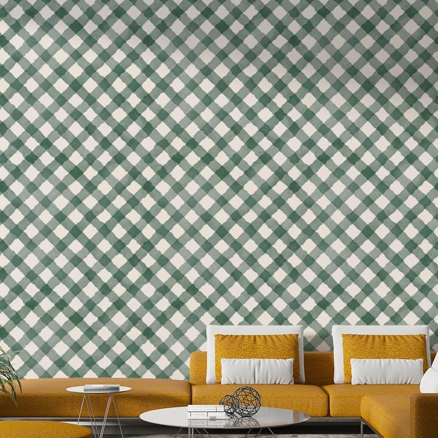 Hand-painted green gingham wallpaper with a traditional yet modern touch

