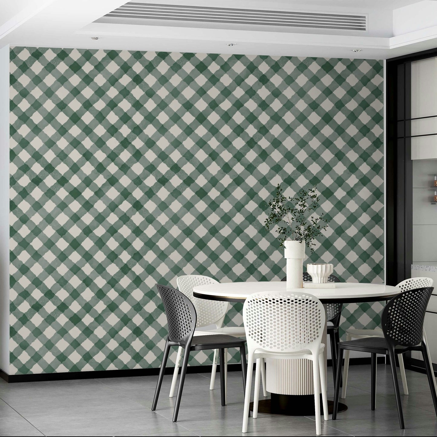 Festive green gingham wallpaper with a charming hand-painted design


