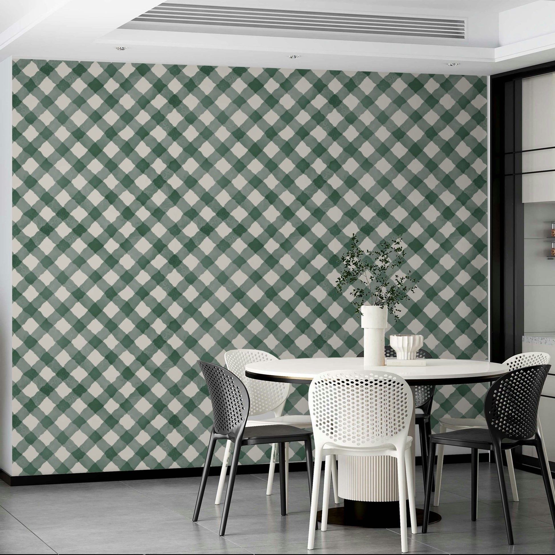Festive green gingham wallpaper with a charming hand-painted design

