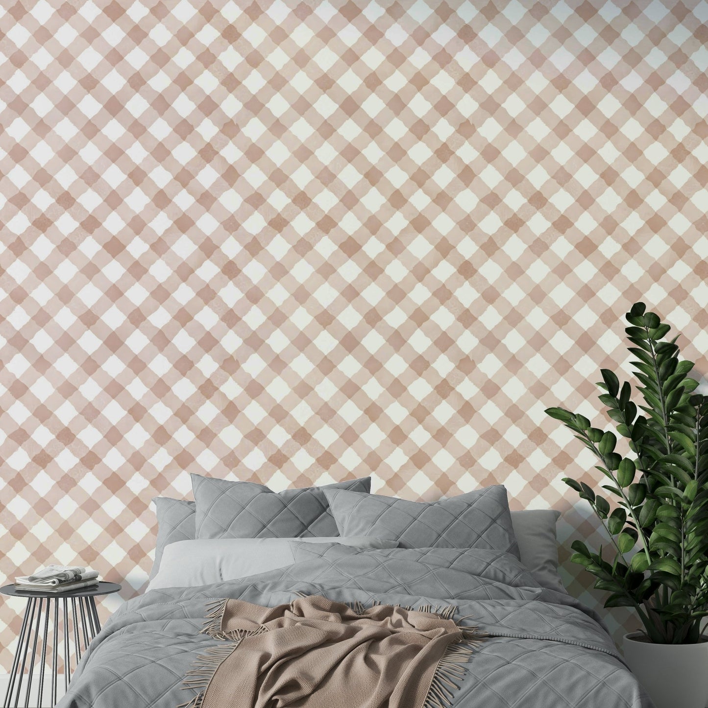 Festive pink gingham wallpaper adding warmth and charm


