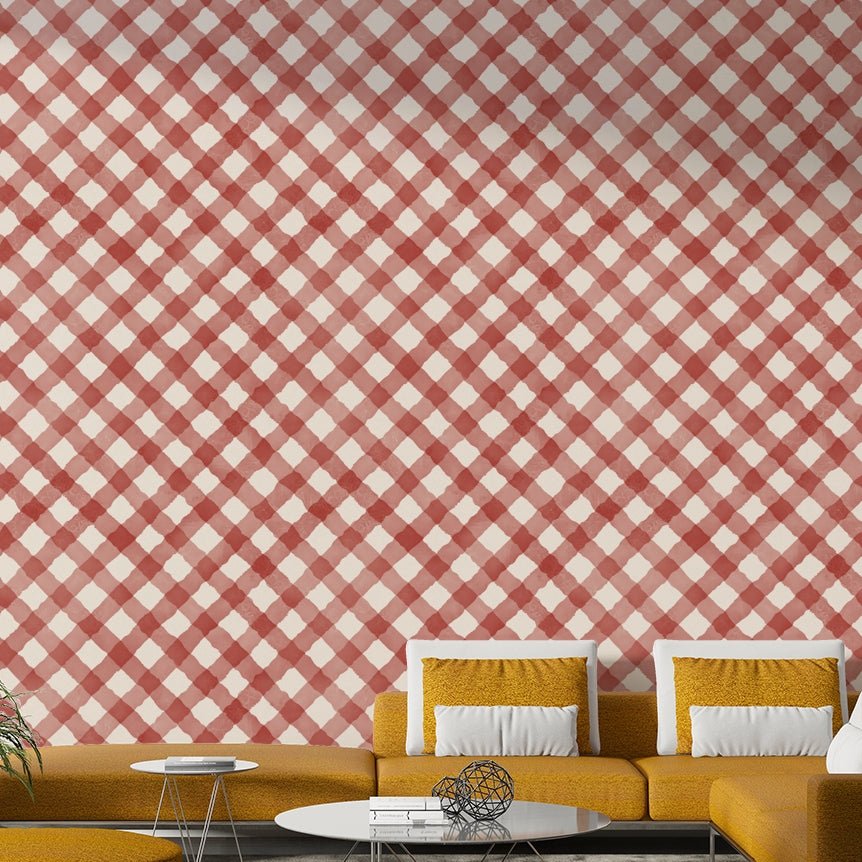 Vibrant red and white gingham pattern with artisanal appeal

