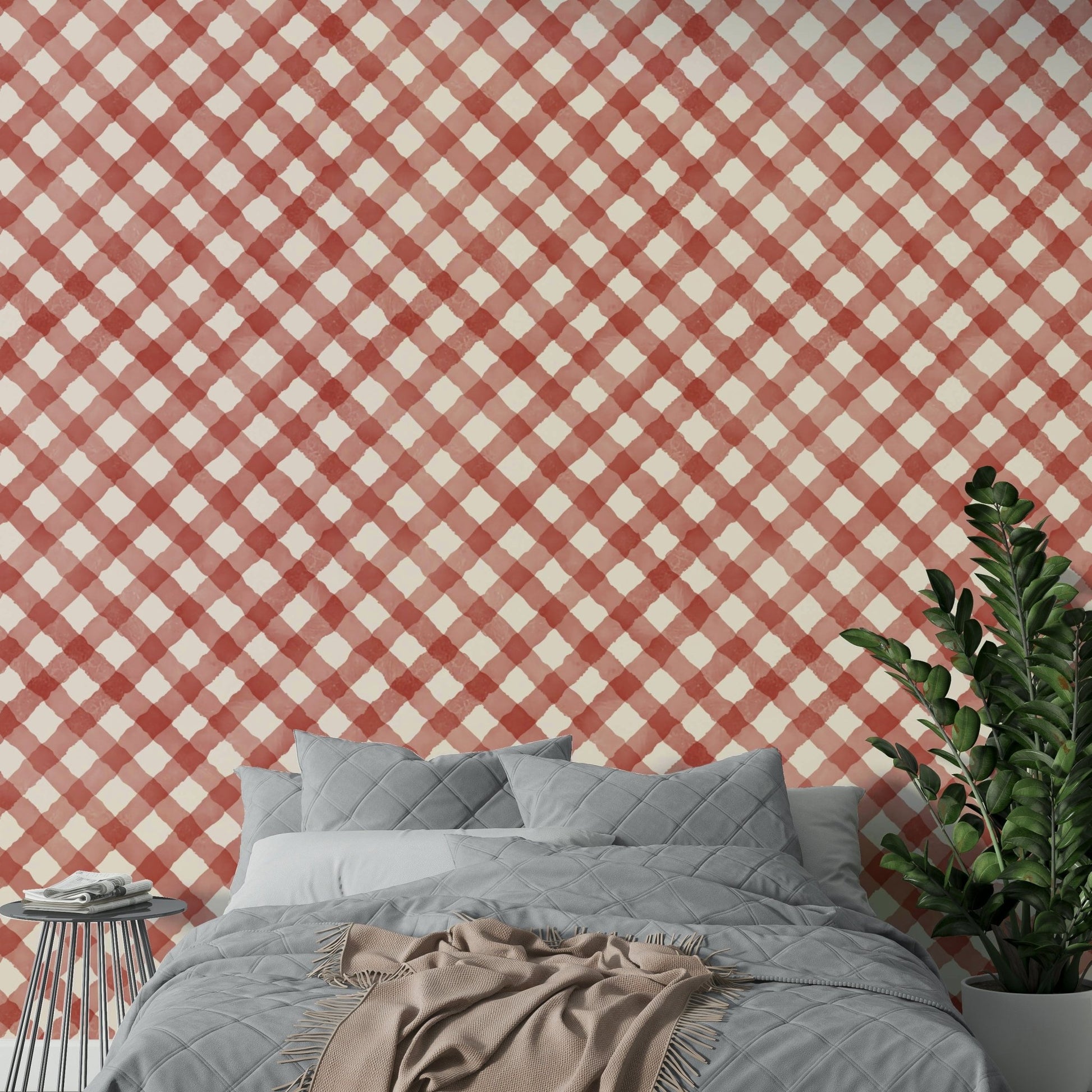 Hand-painted red gingham pattern for a welcoming, lively room

