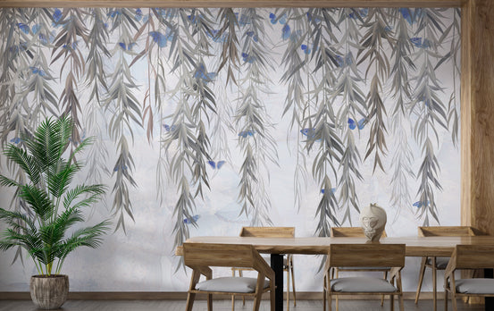 Hanging Willows on Grey wallpaper mural shown as a full feature wall that highlights the design