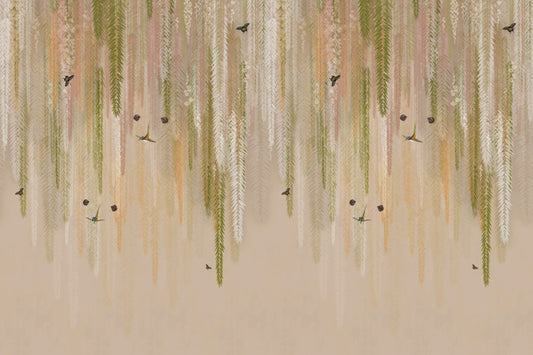 Hanging Wisteria wallpaper mural with cascading green and peach fronds and birds shown as a full-wall mural