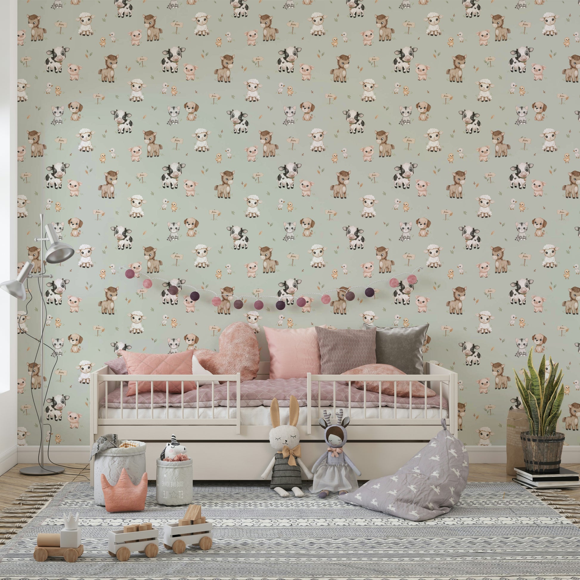 Storybook-style mint wallpaper with farm motifs

