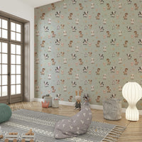 Cute mint nursery wallpaper with farmyard friends

