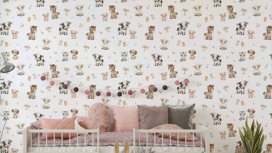 Farm-themed wallpaper featuring barns and tractors

