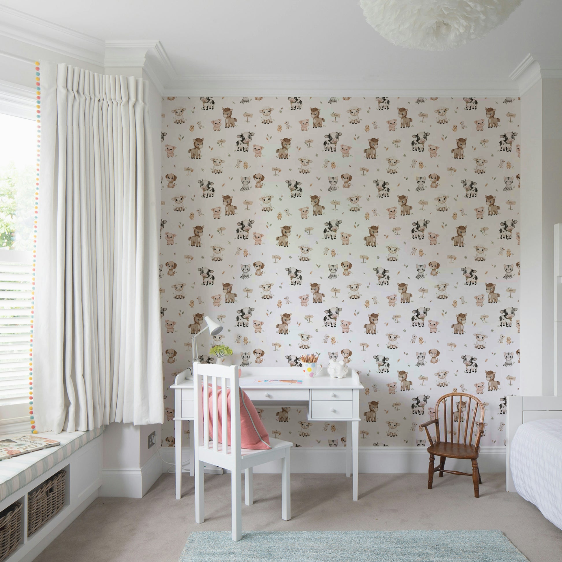 Whimsical wallpaper with barns, fences, and farm friends

