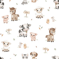 Happy Farmtime wallpaper close-up showing watercolor cows, ponies, pigs, sheep and ducklings with farm signs on white