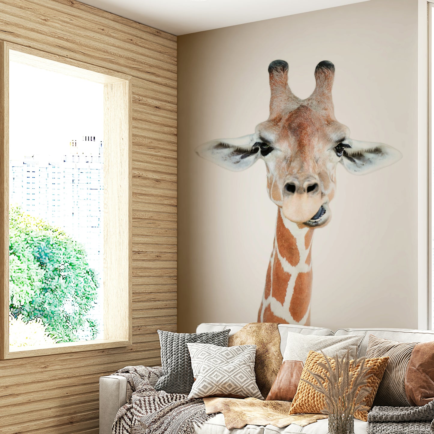Smiling giraffe wallpaper in soft pastel tones

