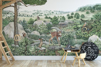 Happy Hills wallpaper mural with a spotted fawn and squirrel on hills in a kids room with a Cool Kids chalkboard