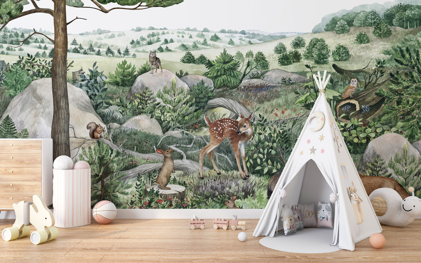Happy Hills wallpaper mural with a spotted fawn and rabbit on green hills in a playroom with a white teepee tent