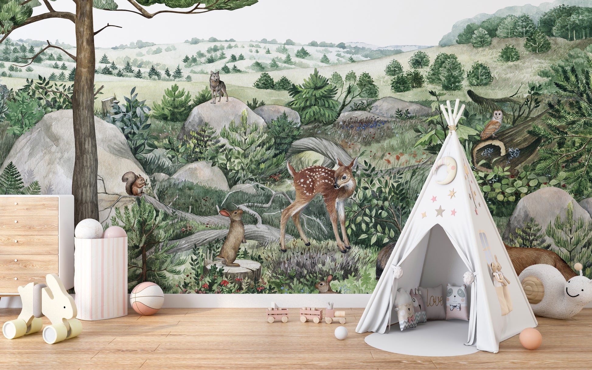 Happy Hills wallpaper mural with a spotted fawn and rabbit on green hills in a playroom with a white teepee tent