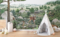Happy Hills wallpaper mural with a spotted fawn and rabbit on green hills in a playroom with a white teepee tent