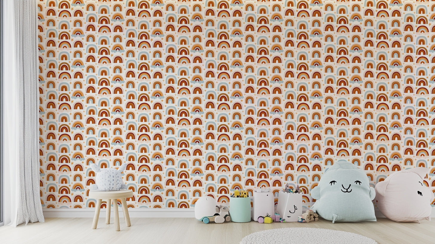 Rainbow wallpaper in happy, pastel-to-bold hues

