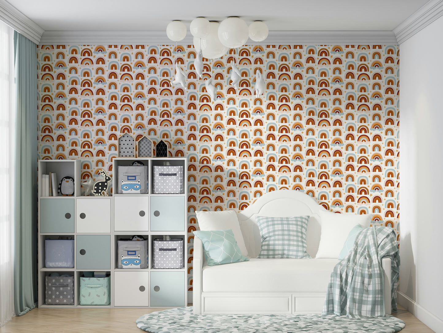 Cheerful rainbow design wallpaper for nursery walls

