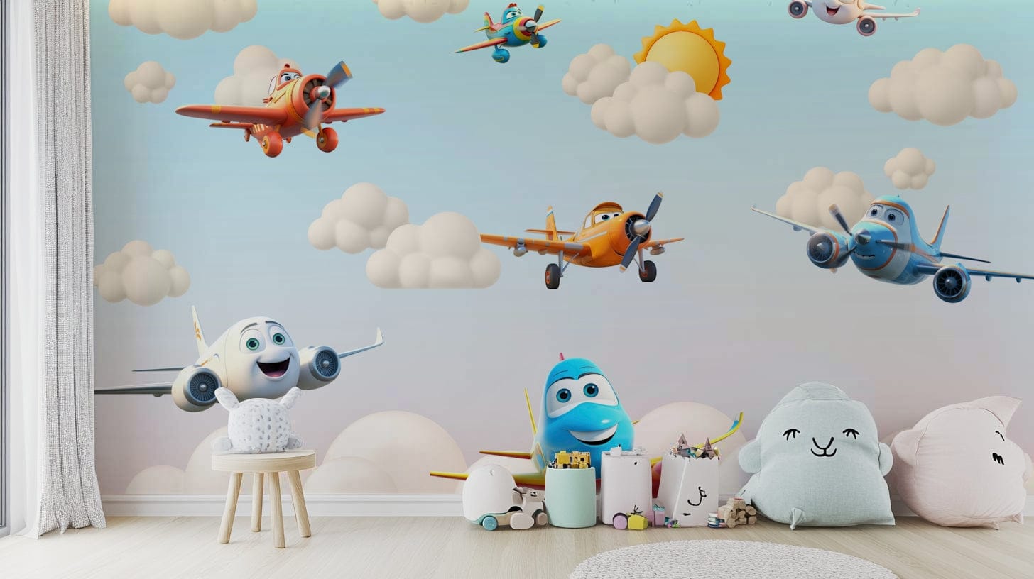 A peaceful wall mural with a whimsical, aviation-themed design.

