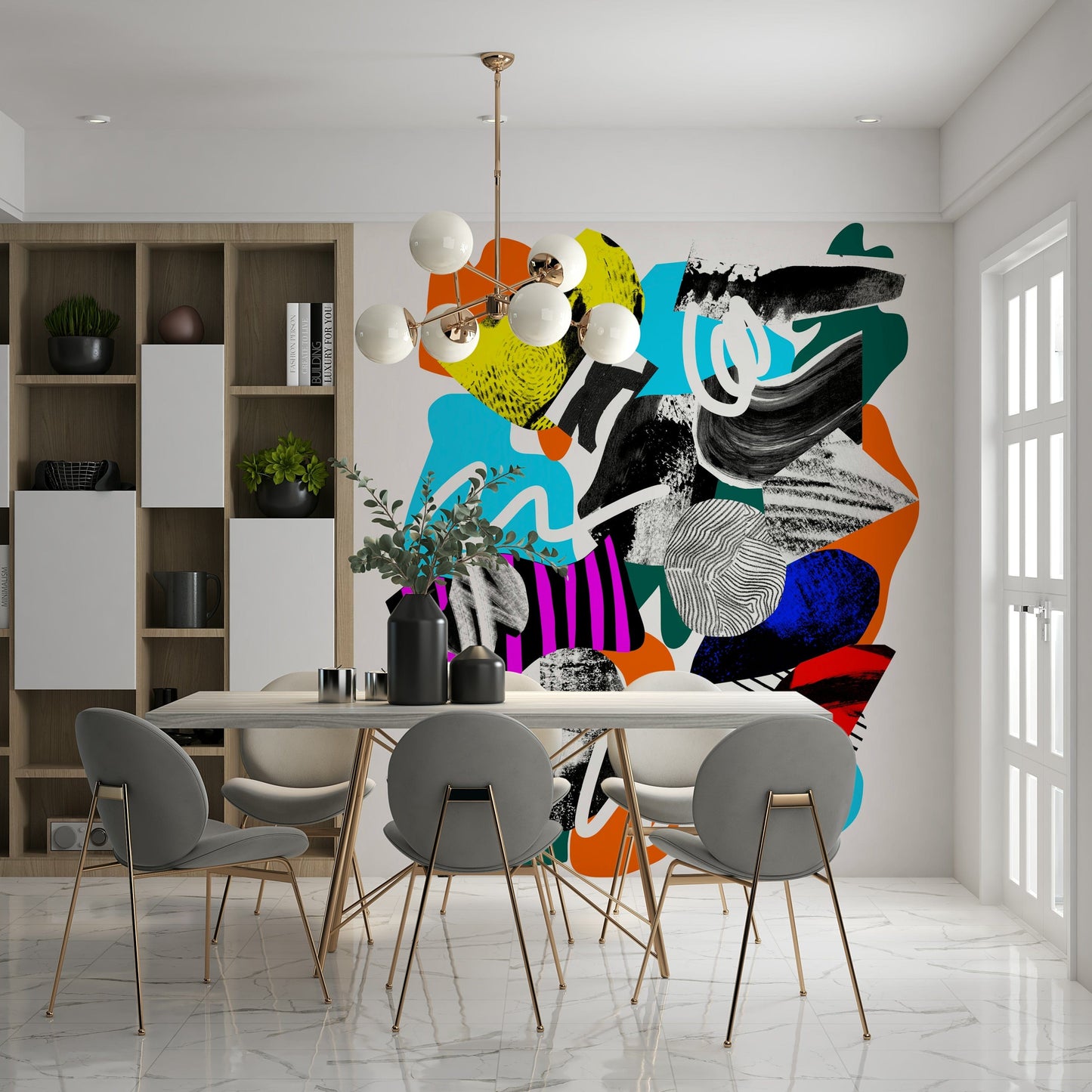 A peaceful modern abstract mural on decorative wallpaper.