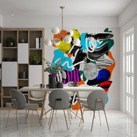 A peaceful modern abstract mural on decorative wallpaper.