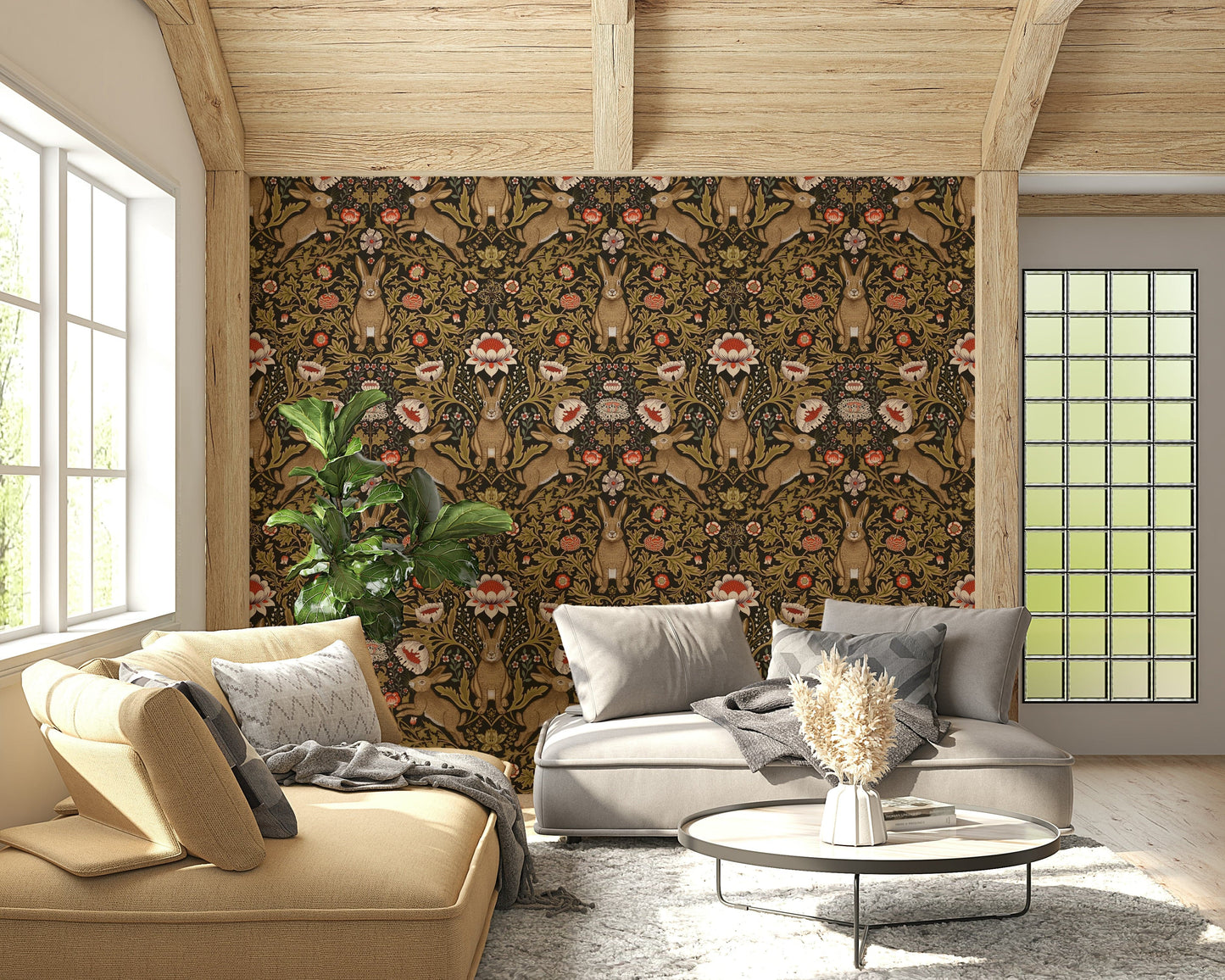 Hare & Bloom wallpaper combining whimsical wildlife and colorful blooms for home decor.