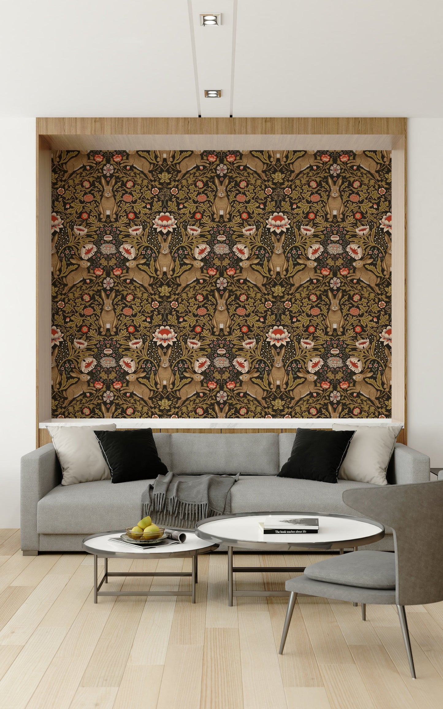 Hare & Bloom wall mural with delicate floral patterns and whimsical animal details.